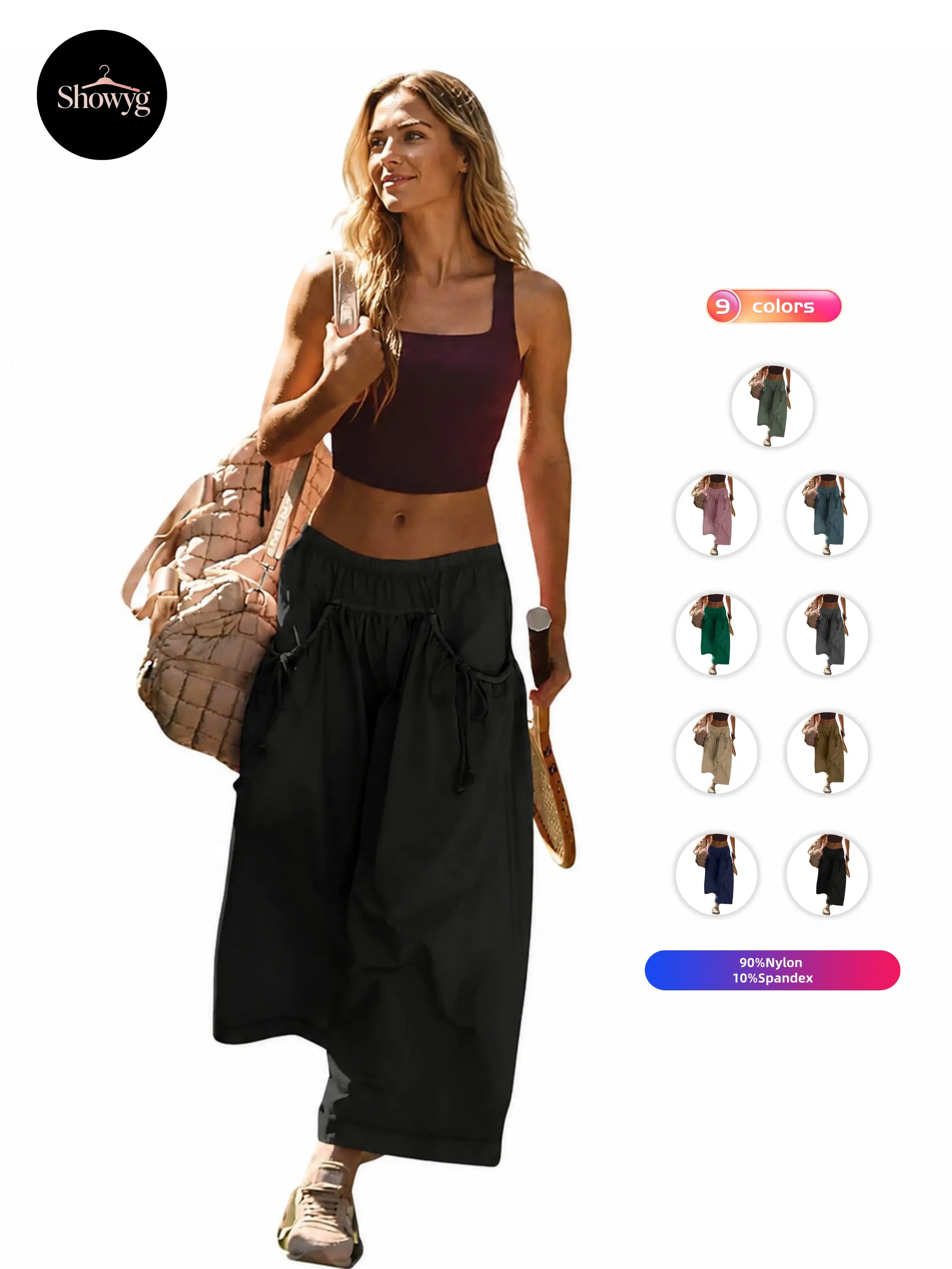 Showyg Women's Track Pants, High Rise Baggy Wide Leg Capri Pants in Nylon Spandex with Elastic Drawstring Waist