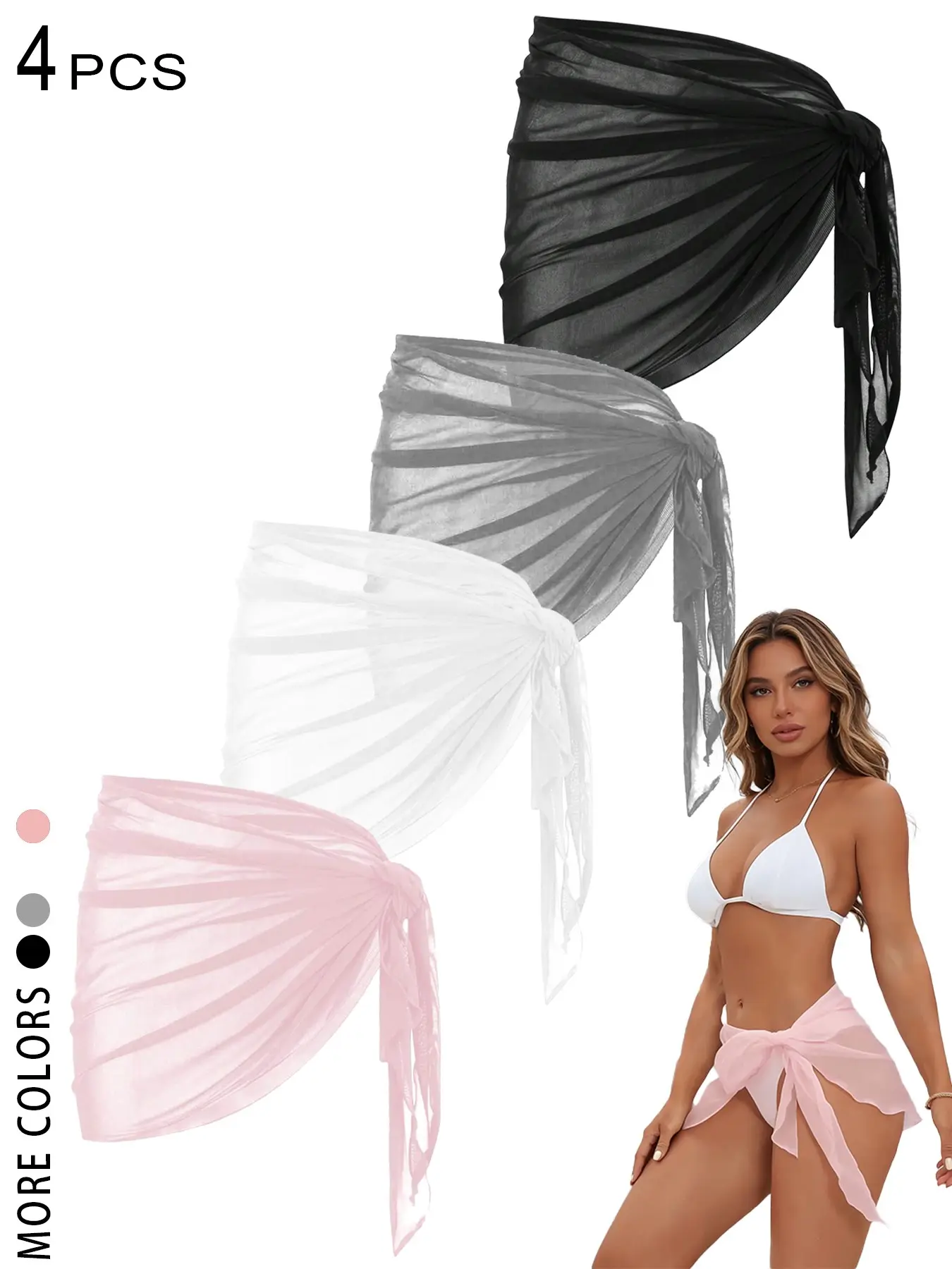 4 PCS Sheer Chiffon Beach Sarong Cover Ups for Women, Tied Drop Shoulder Wrap Skirt, Lightweight Flowy Swimwear Coverup, Swimsuit Coverups, Versatile Beachwear for Pool Party, Vacation, Cruise, Soft Sheer Fabric, Perfect for Bikini & Swimsuit