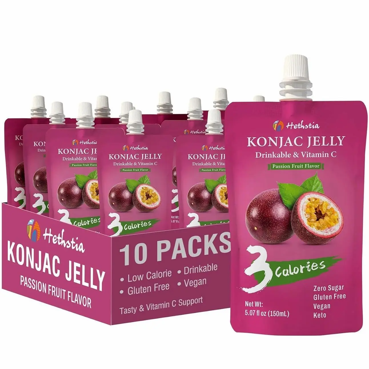 Hethstia Konjac Jelly Drinkable Squeeze Pouch Passion Fruit Flavor, 3 Calories, 10 Packs, 0 Sugar, Vegan, Gluten Free, Keto, Vitamin C Healthy Fruit Sweet Snacks & Holiday Gifts