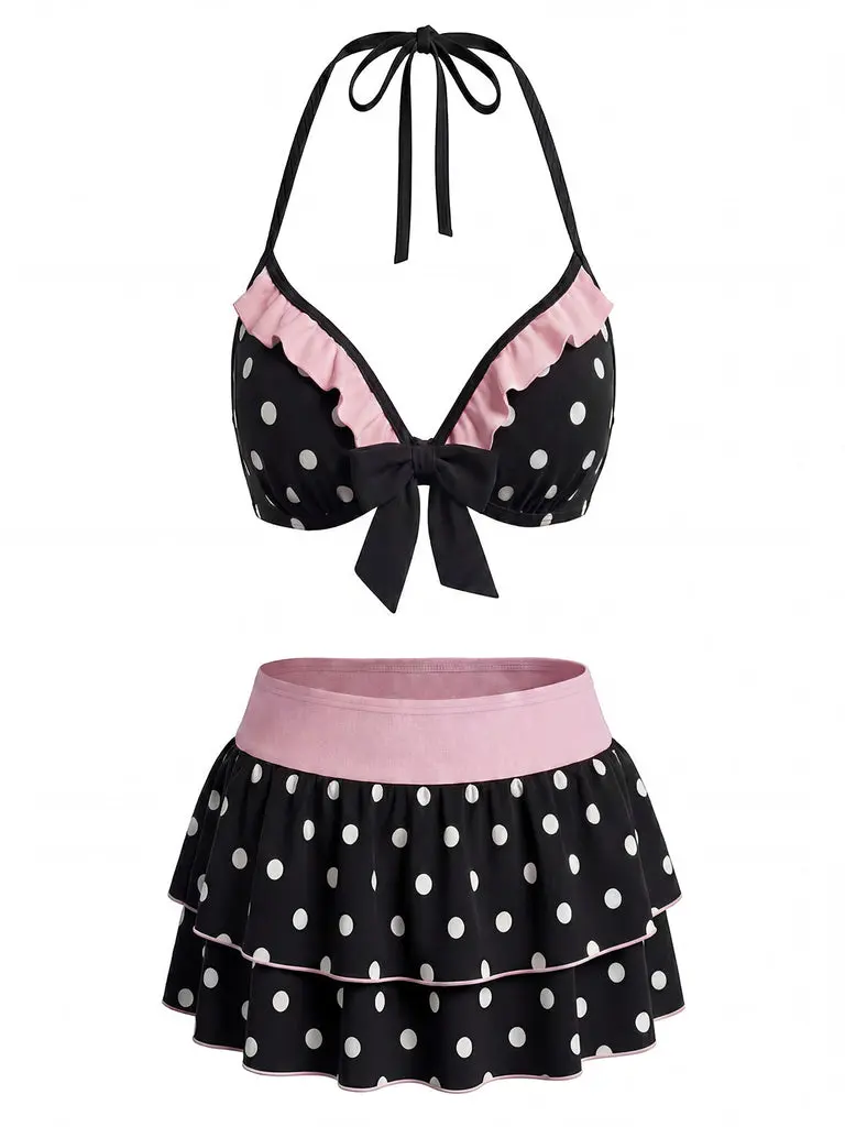 Black & Pink 1940s Polka Dot Bow Halter Bikini Set Black & Pink 1940s Polka Dot Bow Halter Bikini Set