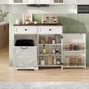 Vabches Hidden Tilt Out Trash Can Cabinet, Pet Proof Garbage Bin Cabinet with Negative Ion Deodorize, Kitchen Island Storage Cabinet with 2 Drawers,White