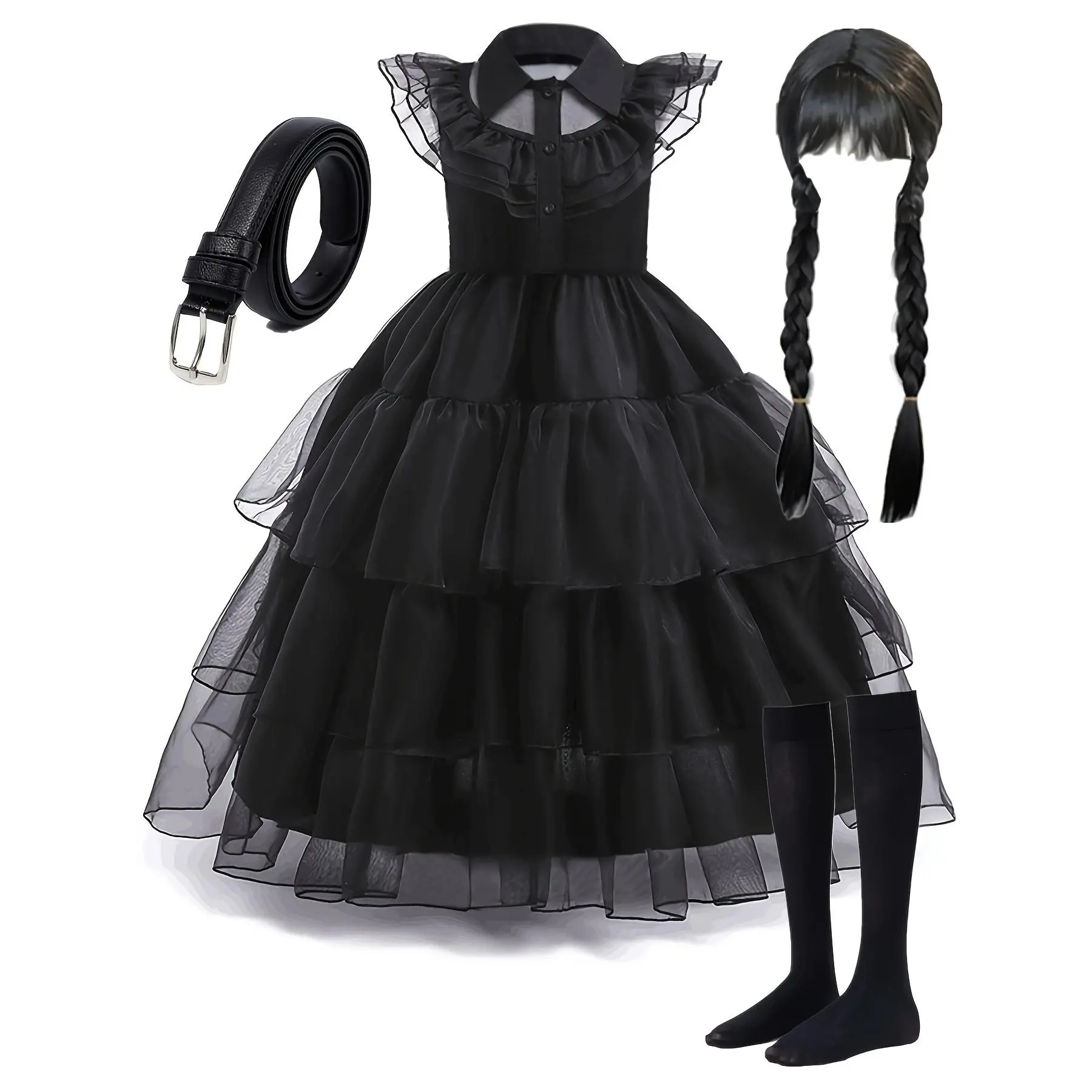 Girls' Gothic Princess 3-Piece Tutu Dress Costume Set - Sleeveless 65% Polyester Blend Umbrella Skirt Outfit, Black Vampire Ruffled Style with Belt & Braided Wig, Regular Cut for Halloween Party, All Seasons, Dry Clean Included