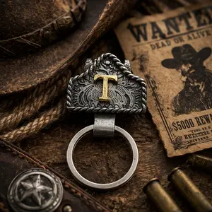 Handmade Cow Tag Belt Key Holder with Copper Initial – Custom Western Keychain for Men & Women, Texas-Inspired Cowboy Keychain, Fashion Accessory for Bags, Keys & Gifts