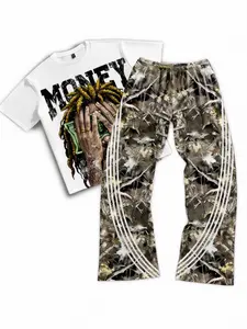 Y2K Youth Casual Short Sleeve Top + Bell Bottoms Two-Piece Set, Street Punk Rock Style, Perfect for School, Parties, Spring Summer