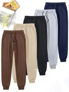 Men's Spring Autumn Solid Color Drawstring Joggers with Ribbed Cuffs, 5-Pack Casual Outdoor Sports Pants for Comfortable Fit