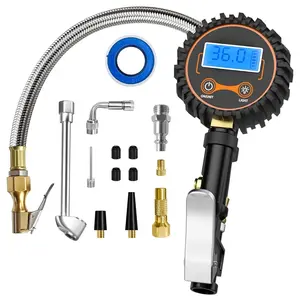 Digital Tire  Gauge with Inflator, 250 PSI Heavy Duty Air Chuck Air Compressor Attachments, Improved Leaks Protection & Stainless Braided Hose Tire Gauge, 0.1 Display Resolution