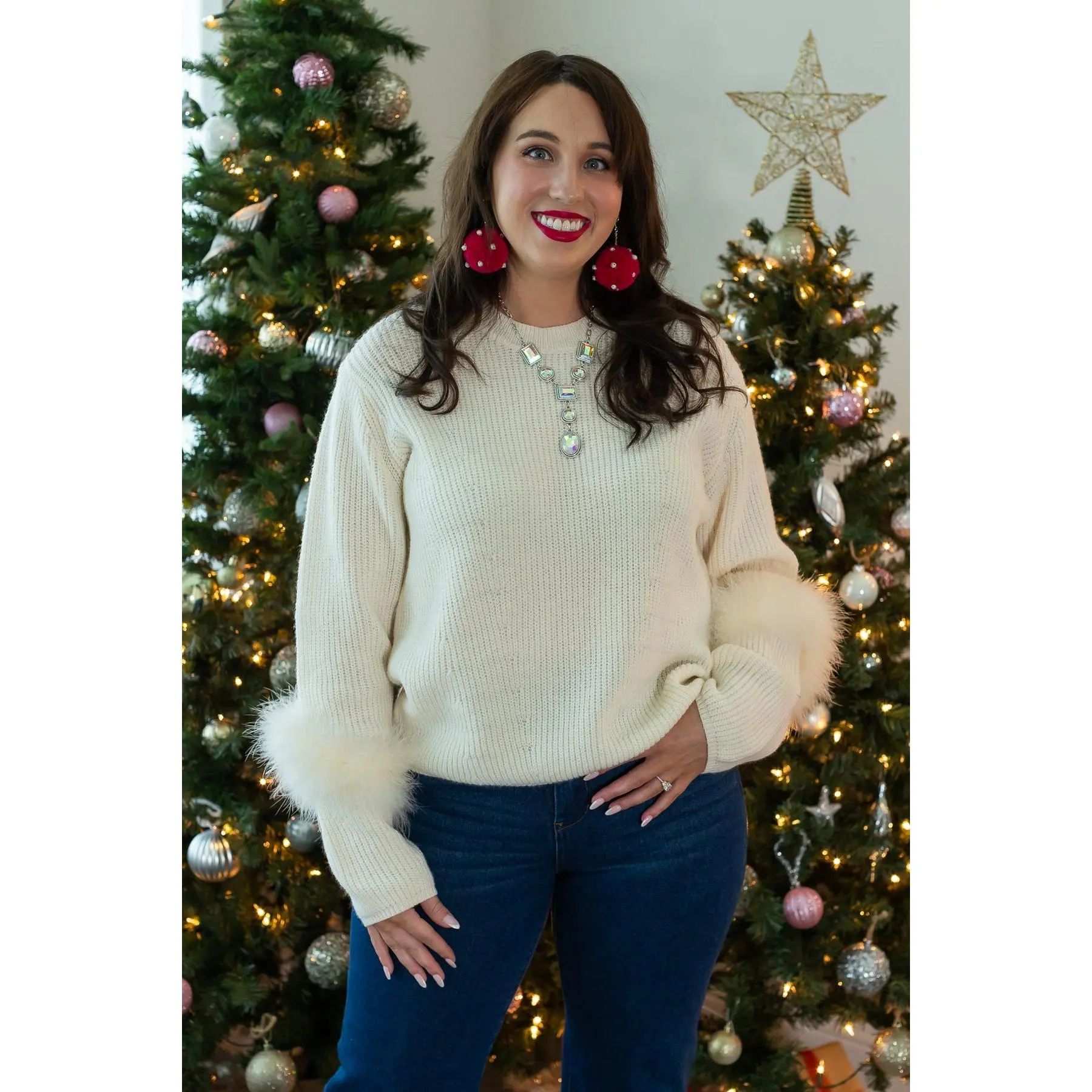 The Holiday Fun Knit Feather Sweater - Cream