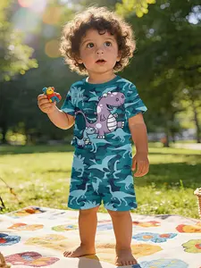 Camouflage cute dinosaur printed T-shirt digital printing infant Toddler short-sleeve set, baby casual children's clothing, suitable for daily and outdoor sports. T-shirt: 100% polyester, a perfect gift for infants and young children!
