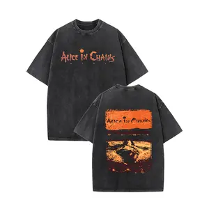 American Vintage Street Style Washed Tie-Dye Alice in Chains Rock Band T-Shirt, Unisex Summer Casual Round Neck Short Sleeve Tee, Casual Streetwear