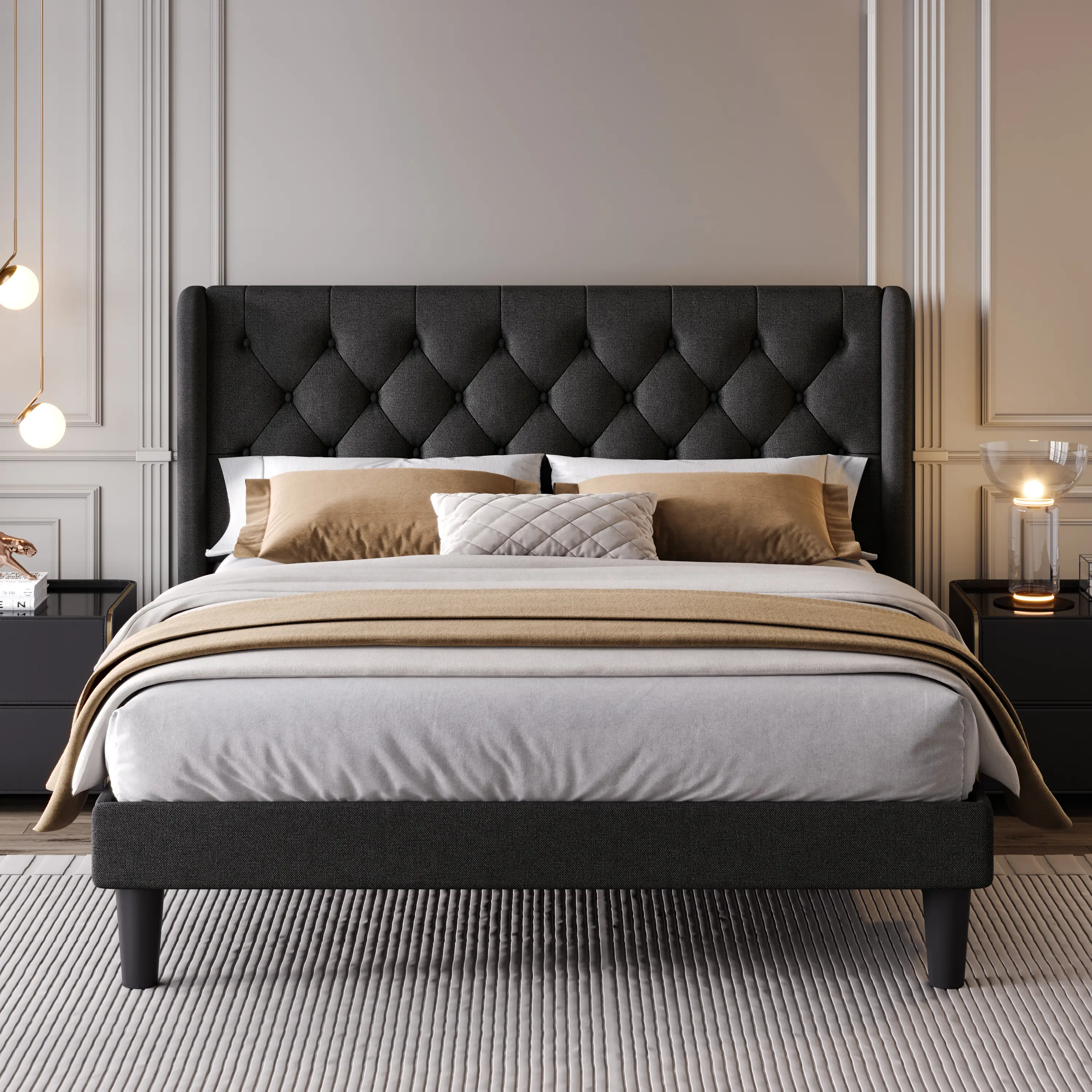 SHA CERLIN Platform Bed Frame with Upholstered Headboard, Wingback & Button Tufted Design,【Frame Only No Mattress】Full Queen King Size, No Box Spring