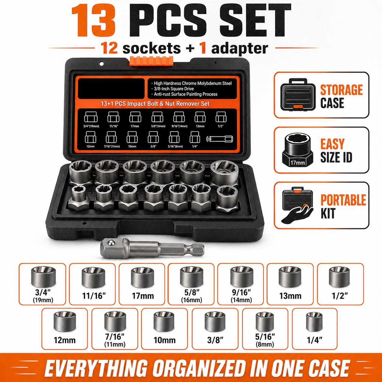 13 Pcs Bolt Extractor Kit, Impact Bolt & Nut Remover Set, Stripped Bolt Remover Easy Out Socket Set for Rusted, Frozen, Rounded and Damaged Bolts, 3/8" Drive with 1/4" Hex Adapter
