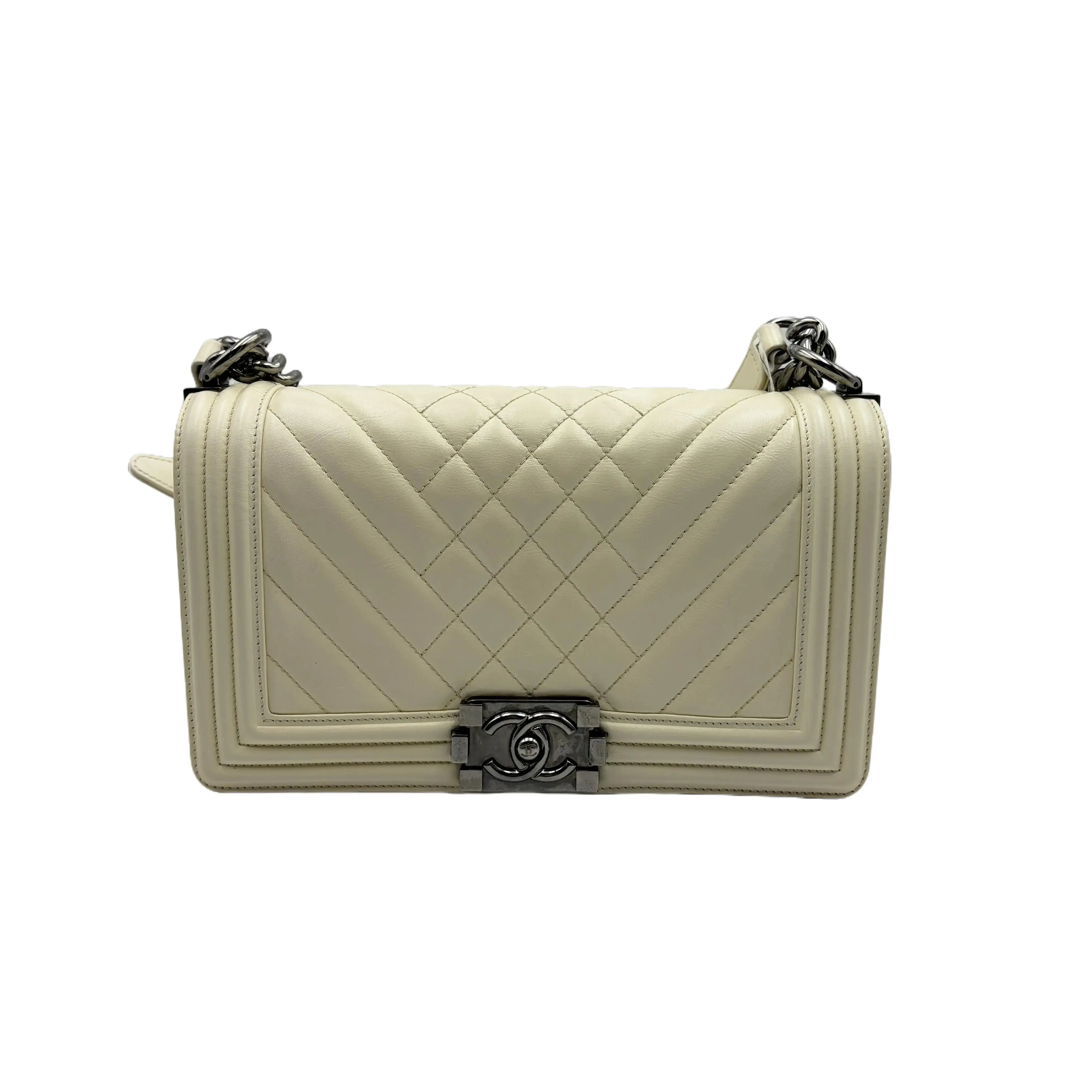 Pre-owned CHANEL H5 Le Boy series medium sized handbag, beige diamond check pattern h19888