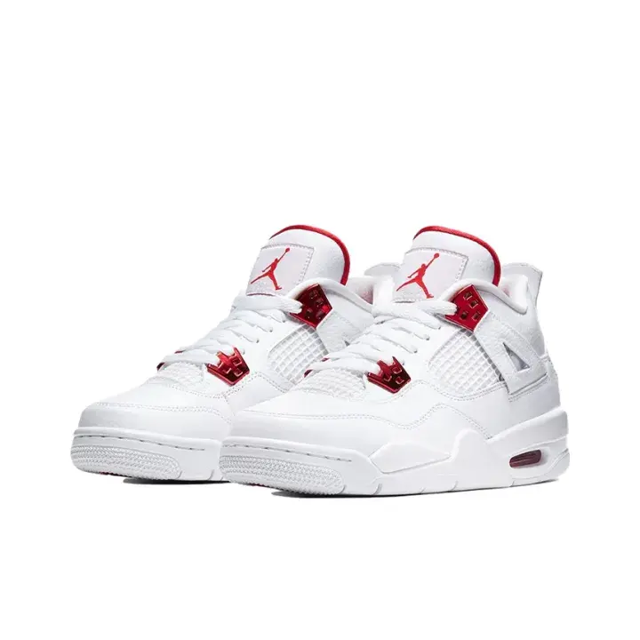 White Metallic Red Mid‑Top Basketball Sneakers, Leather Mesh Panels, Metal Accents, Cushion Midsole Unisex Retro Street Casual Shoes