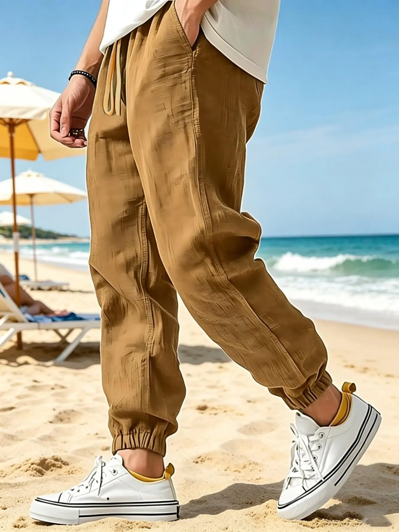Men's Lightweight Linen  Jogger Pants, Casual Elastic Waist Drawstring Trousers, Breathable Summer Beach Pants, Loose Fit Streetwear Joggers for Men, Casual Fashion Bottoms