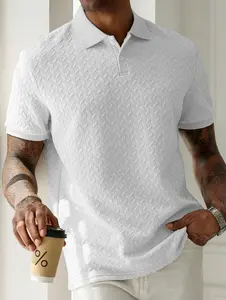 Men’s business casual polo shirt featuring a turn-down collar and button front, crafted from textured jacquard knit fabric. Suitable for commuting to work, everyday casual wear, dates, and going out. Textured jacquard polo shirt; men’s short-sleeve polo—a
