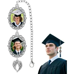 Personalized Graduation Tassel Photo Charm with Angel Wings Personalized Tassel Cap Charm with Memorial Photo for Graduation Caps Decorations for Women Men Memory Picture for Grad Hats