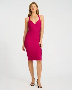 EXPRESS x bebe Halter V-Neck Bandage Midi Sheath Dress
