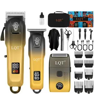 LQT 3-in-1 Gold Gradient Men's Grooming Kit, Cordless Hair Clipper with LCD Battery Display, T-Blade Detail Trimmer & Foil Shaver with Speed Control, Complete Home Barber Set with Storage Case & Full Accessories