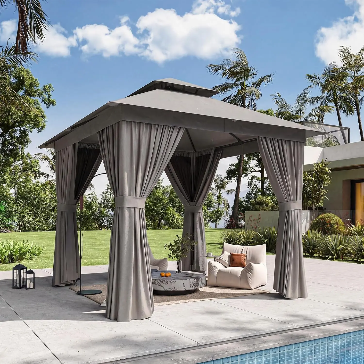 Jolydale 8x8 Square Outdoor Gazebo - Sturdy Frame, Double Roof, Curtain, Zippered Side Mosquito Netting for Patio, Backyard Garden Lawn Shelter