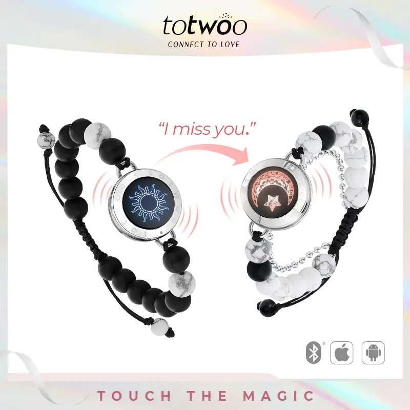 totwoo Smart Bracelets for Couples, Romantic Sun & Moon Matched Bead Gift Set with Long Distance Touch, Vibration & Glow, Emotional Charm, Romance