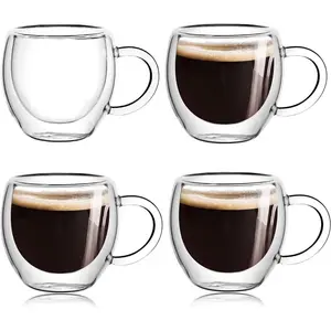Espresso Cups Set of 4 with Handle, 2.5oz Expresso Coffee Cup, Small Expresso Shot Glasses, Clear Double Wall Insulated Espresso Mugs,Tazas de Cafe Expreso, Suit for Espresso Machine Accessories