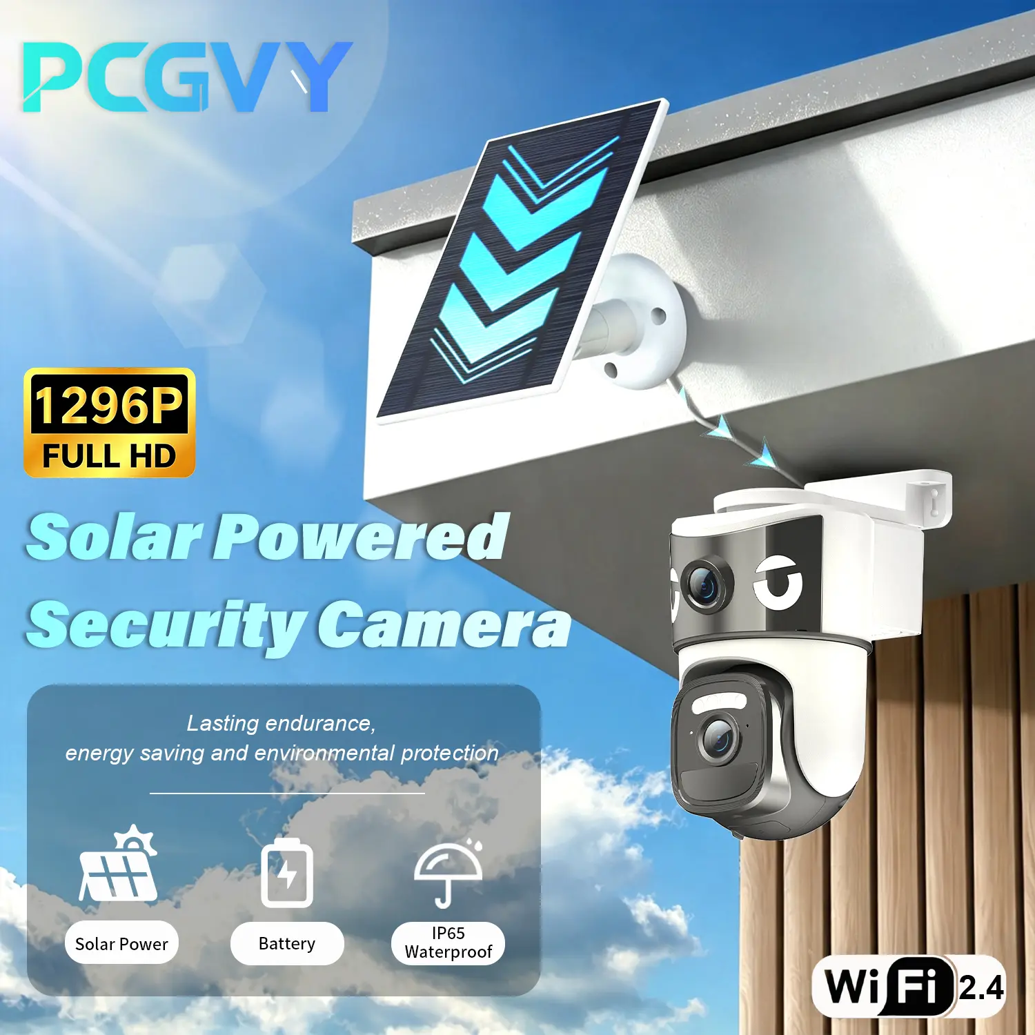 PCGVY 3MP Full HD Remote Solar Outdoor Security Camera - Dual-Lens WiFi Camera with 360° PTZ, Dual-Screen View, PIR Human Detection, Auto Tracking, Color Night Vision, 2-Way Audio, IP66, 10x Digital Zoom, 24fps Smooth Recording, MicroSD Slot