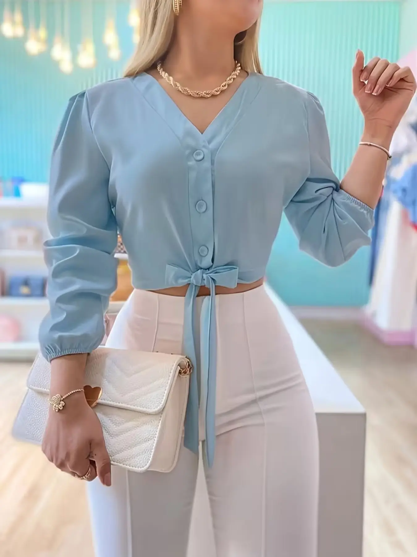 Women's Fitted Tie Front Short Blouse Shirts, Casual Elegant Top, Bow Tie Top, Solid Color, Stylish and Comfortable Clothes, Perfect for Daily Wear