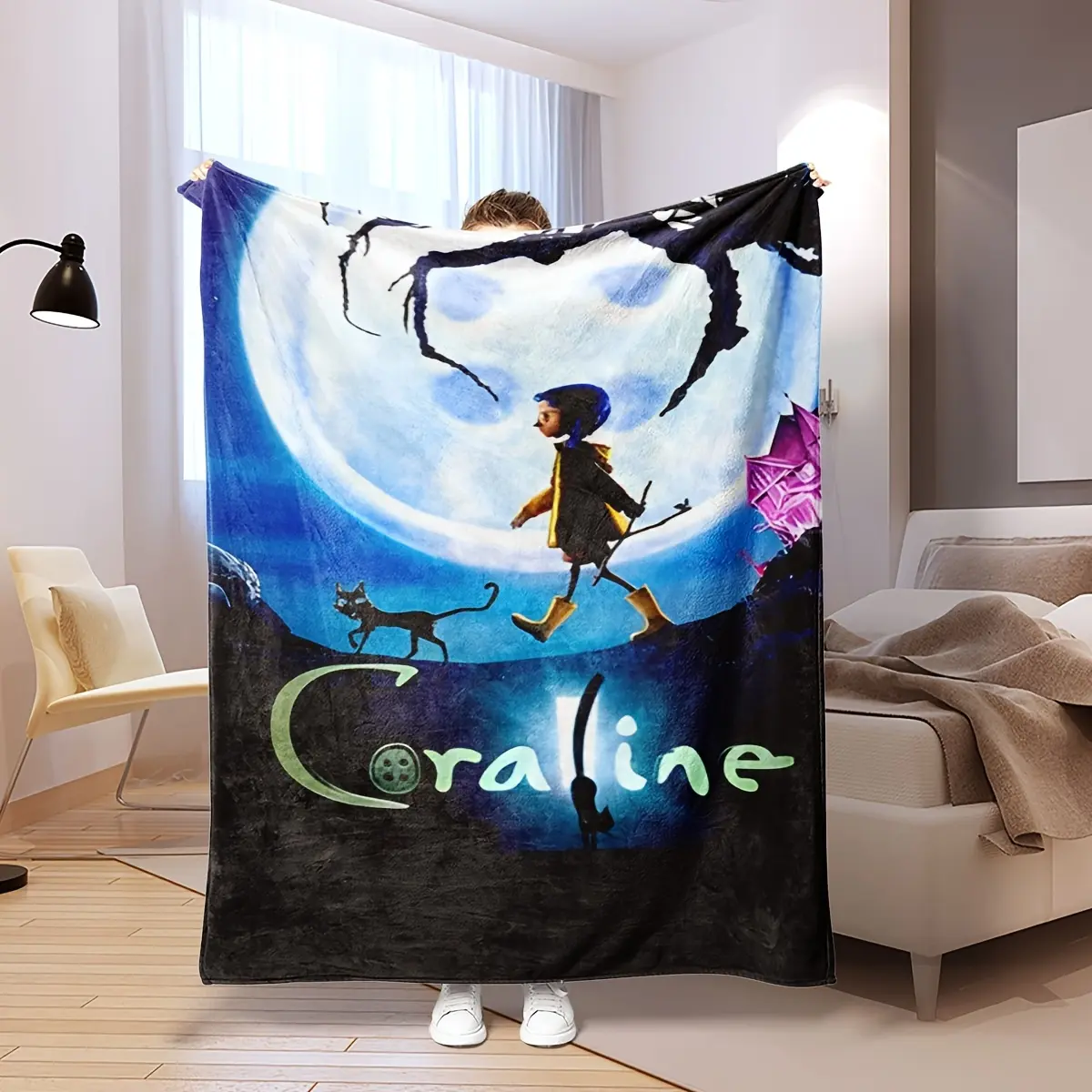 Coraline Cartoon Themed Retro Cotton Cozy Throw Blanket - Wrinkle Resistant, Multi-Size, Soft All-Season Bedding - Ideal for Bed, Sofa, Cartoon Print