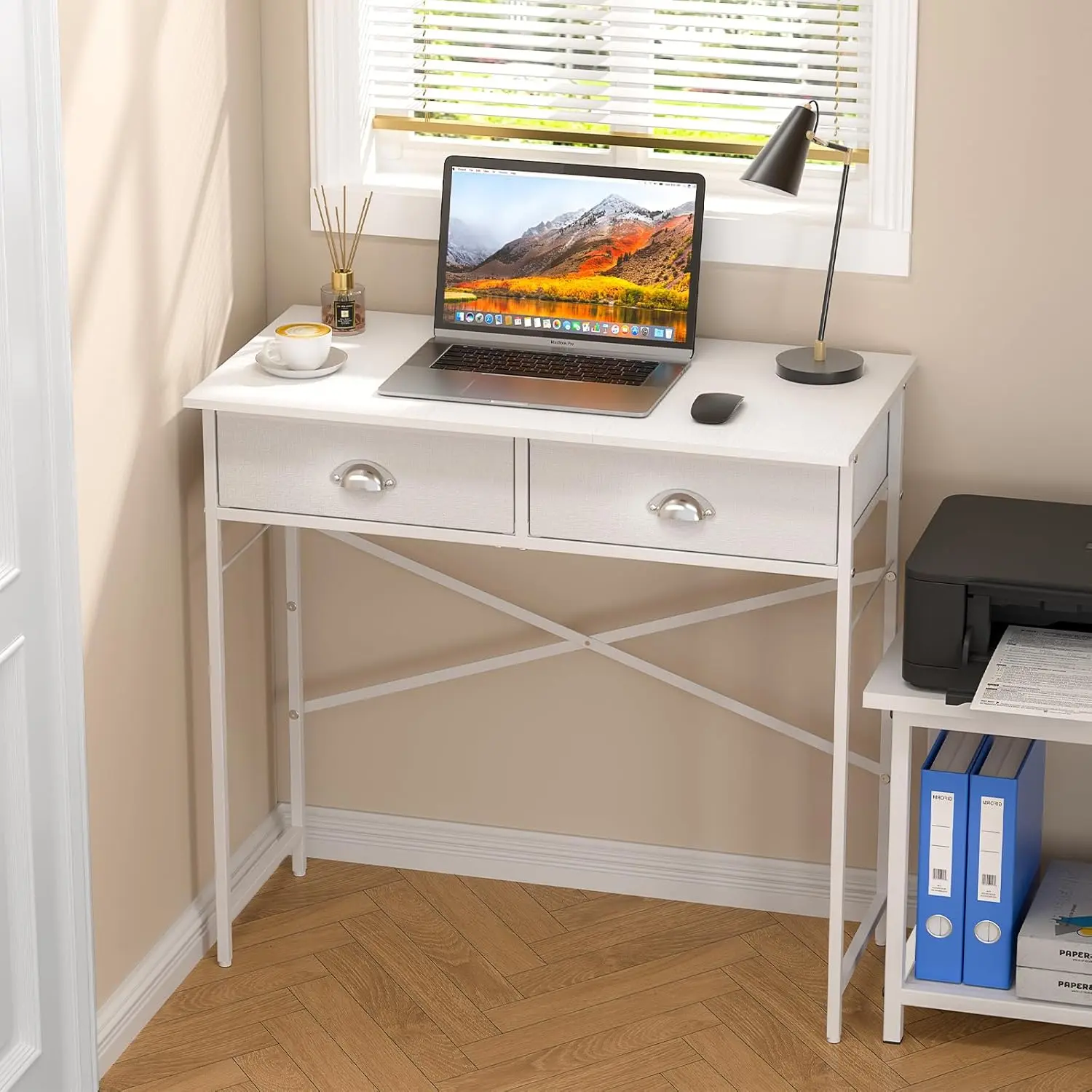 Small Writing Desk for  Bedroom, 31.5 Inch White Computer Desk for Small Spaces, Simple Desk with 2 Fabric Drawers for Home Office, Dorm, Living Room, Home Study Table, White