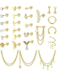 27 Pcs Diverse Golden Flat Back Earrings, Earrings Studs for Women Men Hypoallergenic Stainless Steel Alloy Copper Skin-friendly Safe for Long-term Wear Versatile Ear Stud Stacking Set Chain Dangle Designs Perfect for Cartilage Tragus Piercings