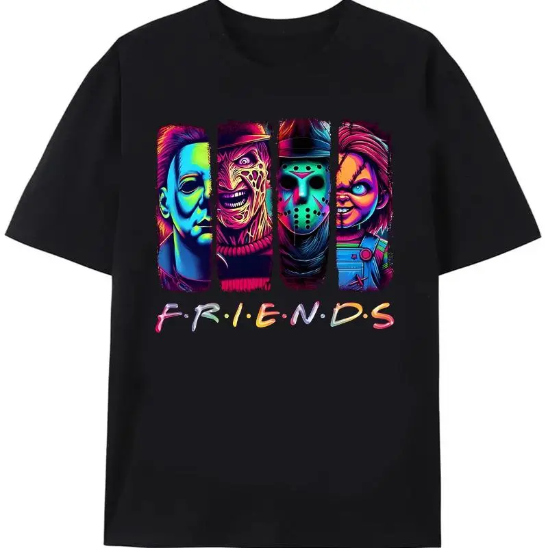 Men's Streetwear Style Top with Vintage Halloween Graphic, Neon Horror Printed, 200g All-Season, Made in USA, Cotton, Fit