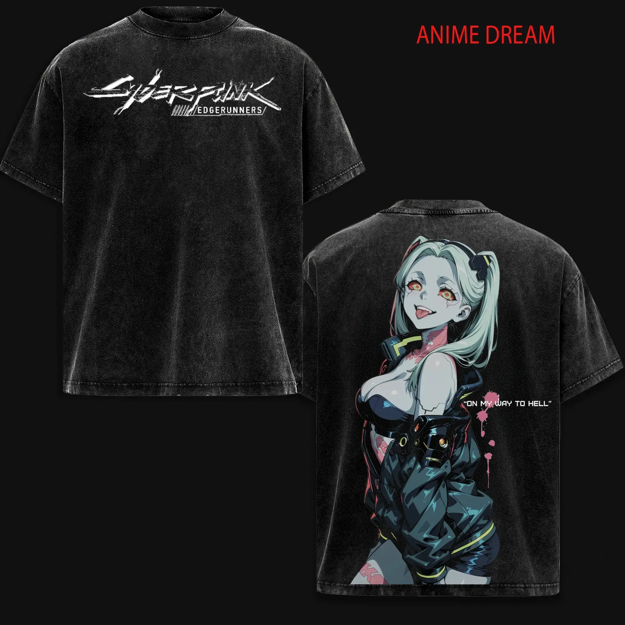 Rebecca Cyberpunk Edgerunners Graphic T-Shirt - Unisex Oversize Seamless Soft Pre-Washed Vintage Washed Heavyweight Cotton All Seasons Relaxed Breathable Short-Sleeve Men's Streetwear Top