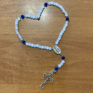9in - 6MM Magnetic Rosary Bracelet - Solid Light Blue and Solid White & Solid Dark Blue w/ Silver