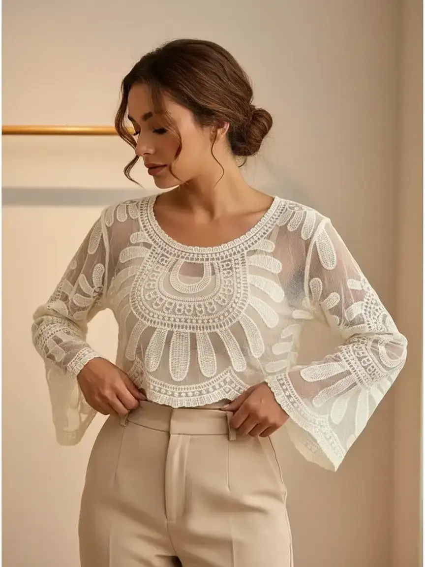 Women's Long Sleeve Round Neck Boho Lace Top Floral Embroidered Mesh Cover Up