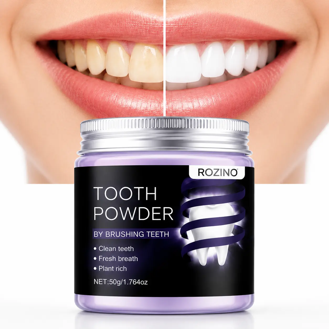 ROZINO Purple Tooth Powder, Whitening Tooth Powder for Stain Removal, Fresh Breath & Daily Oral Care, Gentle Teeth Cleaning Formula, Plant-Based Toothpaste Alternative, 50g