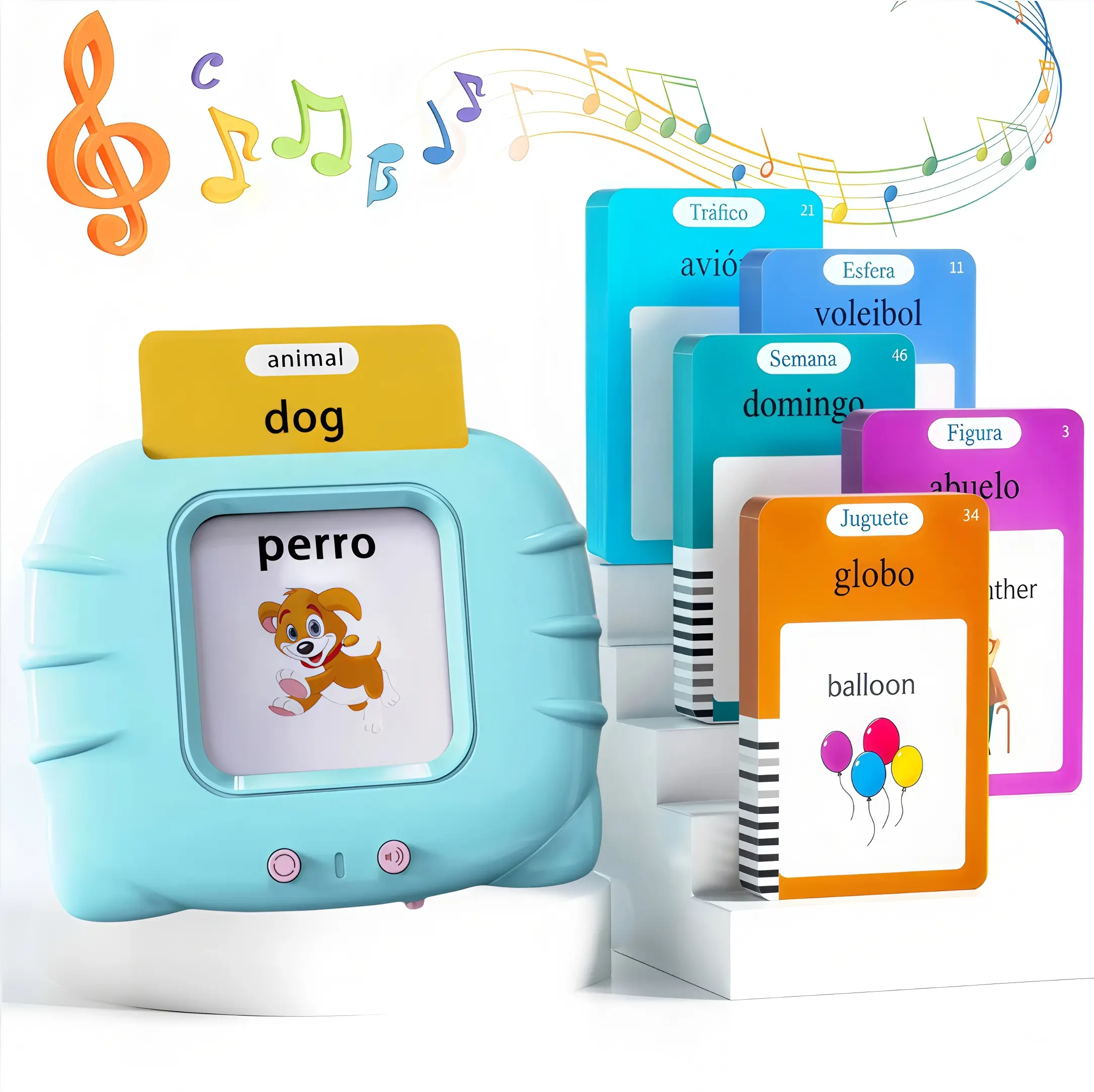 KIDGENIUS Unisex Interactive Musical Pocket Speech Toy - Bilingual English-Spanish Educational Letters Flash Cards Tool with 224 Cards, Audio Playback, Pronunciations for Toddlers Ages 2-8 (Boosts Vocabulary, Listening Comprehension)
