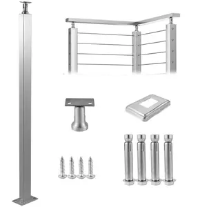 Father's Day Gift VEVOR Cable Railing Post Level Deck Stair Post 42 x 1.97 x 1.97" Cable Handrail Post Stainless Steel Wire Drawing Deck Railing DIY Picket Without Hole Stair Railing Kit With Mount Bracket Sliver