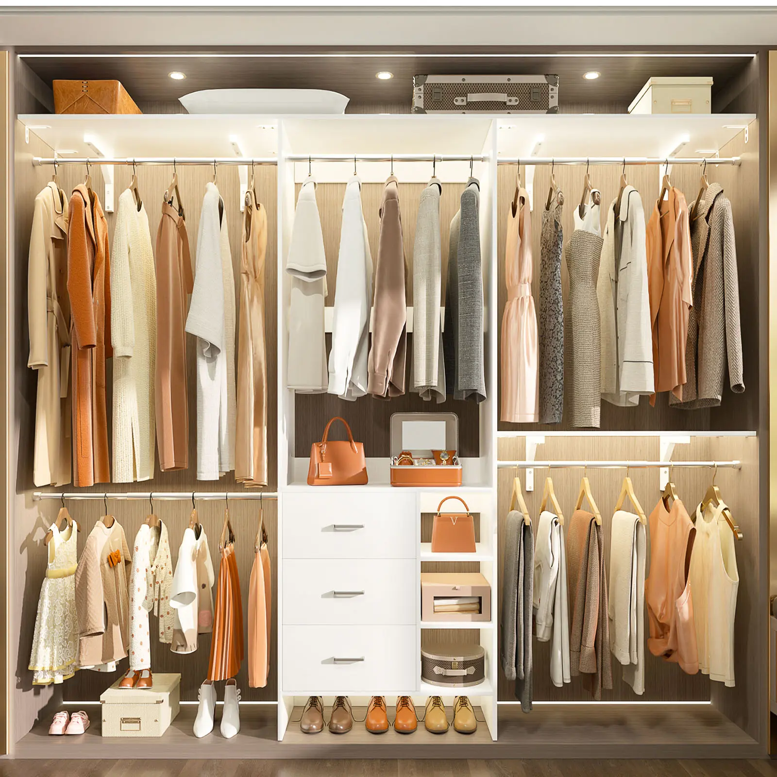 8FT Walk-in Wardrobe Cabinet - Modern White Heavy-Duty Adjustable Assembled Armoire with Extension Rail, Built-In Hangers, Hanging Pods, 3 Wood Drawers, 96'' Clothes Storage System for 5.3-9FT Indoor Closet Organization Furniture, Modern White Armoire