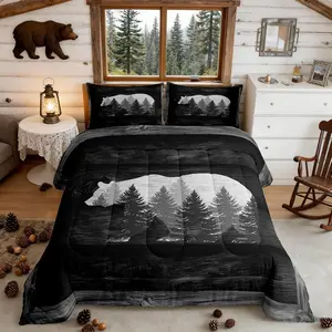 Lodge Cabin Comforter Set,Gray Bear Pine Tree Silhouette Pattern Quilted Duvet, Wild Animal Western Jungle Style Bedding Teens Adults