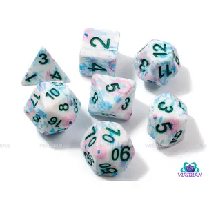 Painted Garden | Light Blue, Pink Floral Design, White Base, Green Ink | Resin Dice Set (7)