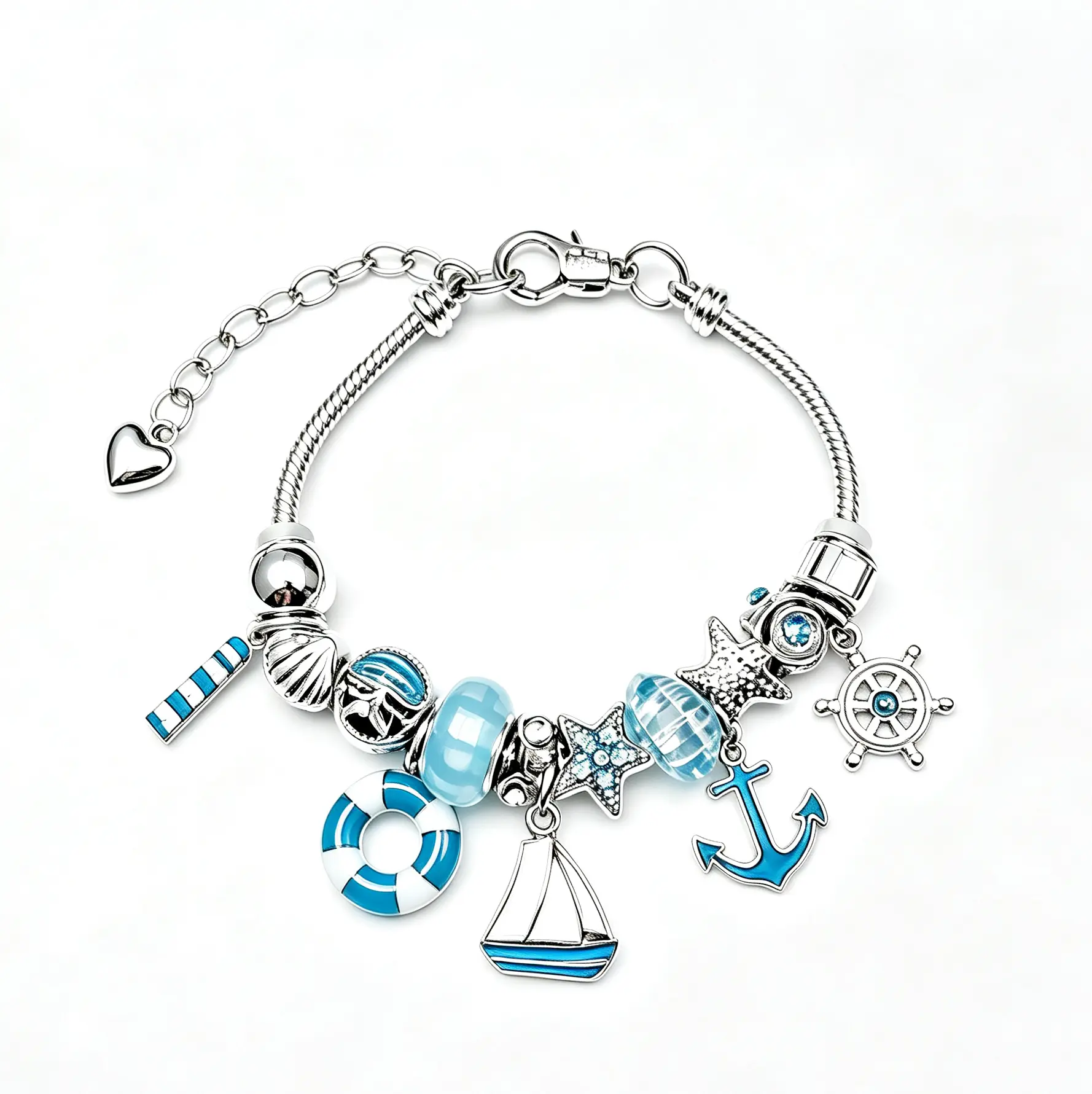 Nautical Ocean Charm Snake Chain Bracelet for Women, Adjustable Blue Sailboat Anchor Lifebuoy Beaded Bracelet, Beach Summer Jewelry Gift