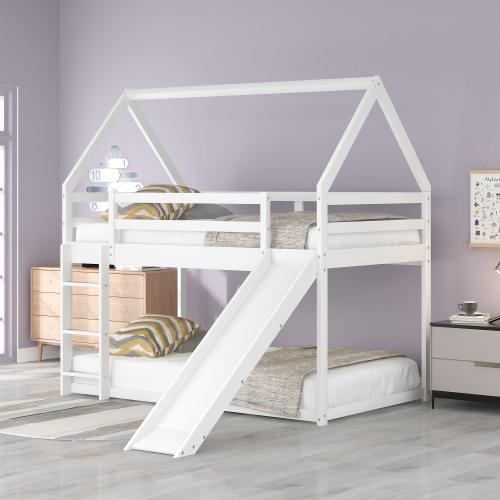【Bellemave】Twin over Twin/Twin over Full  Low Bunk Bed, House Bed with Ladder , Gray(OLD SKU:WF 197808 AAE)