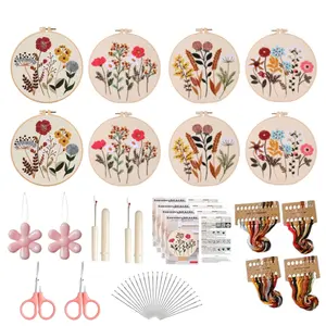 8PCS Embroidery Kit, Embroidery Kit for Beginners with Stamped Flower Pattern, Cross Stitch Starter Kits for Adults Hand Craft Lover with 4 Embroidery Hoop, Instructions and Threads