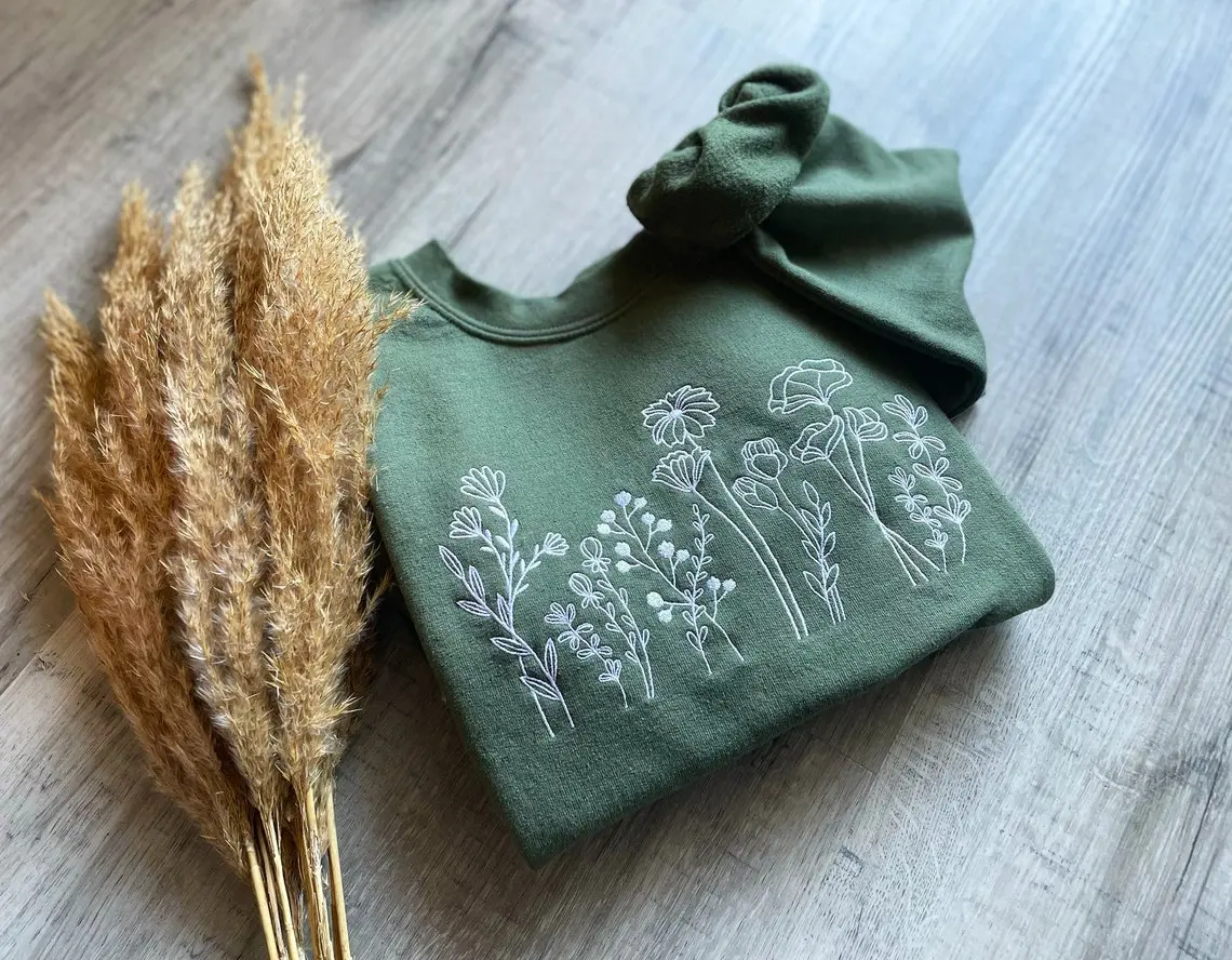 Wildflowers Embroidered Crewneck Flower Sweatshirt Floral Sweatshirt Botanical Sweatshirt Plant Sweatshirt Nature Sweatshirt