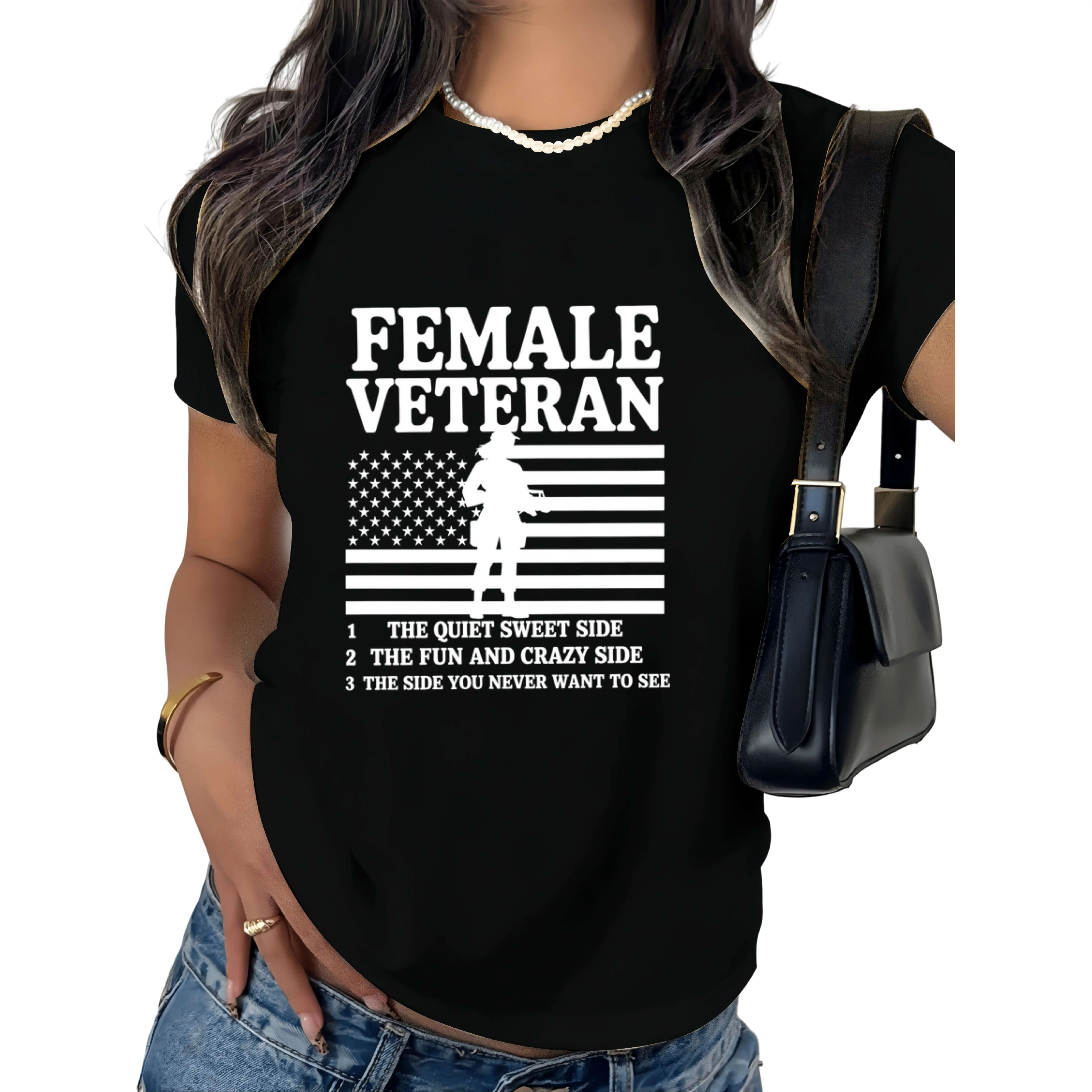 Women's Female Veteran T-Shirt - American Flag & Service Design with Soldier Silhouette - Patriotic Female Vet Apparel - Comfortable Casual Crew Neck Short Sleeve Top for Veterans Day, Parades & Casual Attire Women's T-shirts