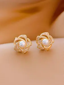 1 Pair Elegant Style Mini Artificial Zircon & Faux Pearl Decor Floral Stud Earrings, Fashion Jewelry Accessories For Women