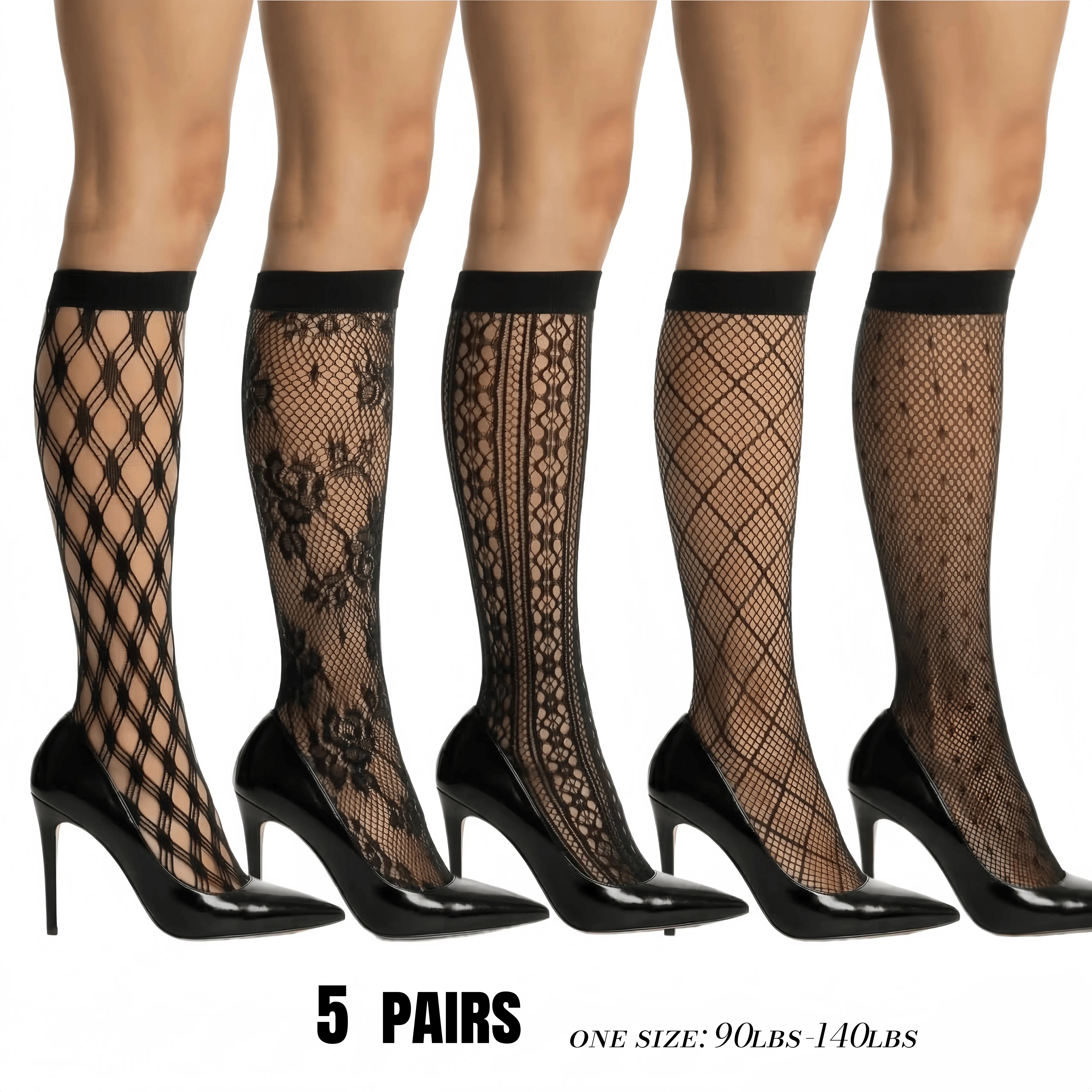 Women's 5-Pair Fishnet Knee-High Socks - Sexy Floral Lace Hollow-Out Calf Stockings with Comfort Spandex Elastic Band, Multi-Pattern Pack for Party & Daily Wear, Fashion Accessory for Outfits Matching, Punk, Leg, Breathable, Elegant, Comfortable, Day