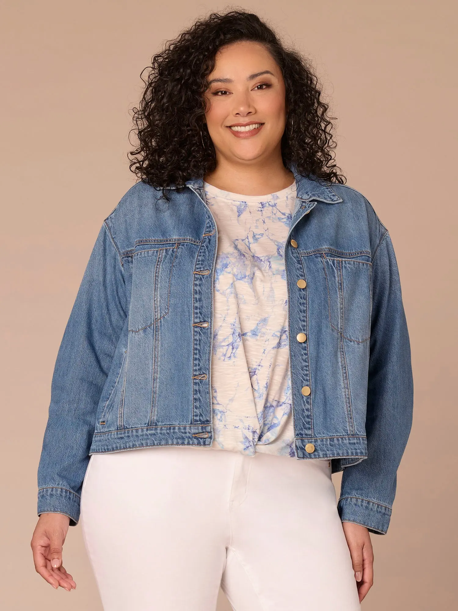 Oversized Barrel Sleeve Button Front Hi-Low Hem Plus Size Denim Jacket