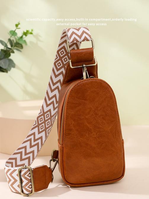 Women Chest Bag Sling Bag, Guitar Strap Small Crossbody PU Leather Satchel Daypack