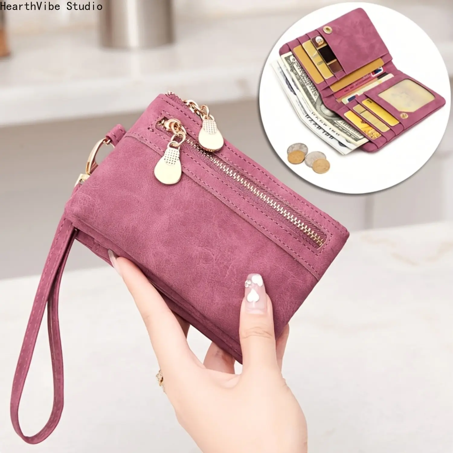 Women's Vintage Mini Ladies Wallet - Elegant Minimalist Wallet Card Holder with Wrist Strap, Zipper Coin Pocket, ID Window, Snap Closure for Camping Hiking Everyday Carry, Credit Card Holder, Daily Wallet